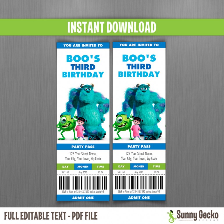 Monsters Inc. with Boo Birthday Ticket Invitations (Blue)